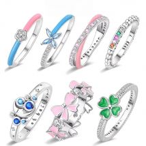 925 Silver Original Valentine's Day Gift Jewelry Accessory Set Pink Zircon Bow Ring Green Four-leaf Clover Moon Star Woman Ring