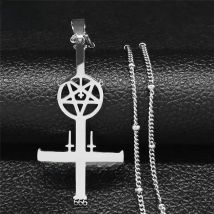 Inverted Pentagram Cross Satan Necklaces Pentacle Stainless Steel Charm Women Silver Color Necklace Jewelry cruz invertida N3821