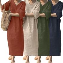 Cotton Linen Blend women midi dress loose lightweight Solid Color Retro V Neck Half Sleeves Vacation Dress Casual Long Dress