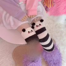 Thermal Coral Fleece Kawaii China Panda Knee Socks Winter Leg Warmers Women White Striped Stockings Long Plush Thigh High Socks