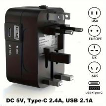 Universal Travel Adapter 1 USB+1 Type-C Charger Wall Charger AC Power Adapter USA EU UK AUS Converter Adapter USB Charger