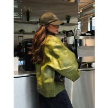 Fashion Green Leather Sleeve Loose Jacket Women Chic Laple Zipper Cropped Short Coats 2024 New Lady Casual High Street Outerwear