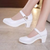 5cm Small Size 32-43 Shallow Crystal White Wedding Shoes Bride Platform Pumps 2025 Med Block Heels Mary Janes Office Mom Party