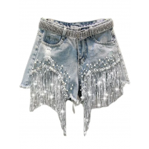 Summer Elegant Shorts Lady Tassel Beading High Waist Wide Leg Denim Shorts Female Casual Solid Shorts Jeans for Women Clothing