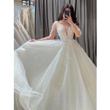 Vintage Glitte Brautkleider Applikationen Lange Ärmel Sheer O-Ausschnitt A-Linie Brautkleider Blumen Prinzessin Vestido De Novia