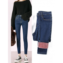 Women's Thick Warm Jeans, Stretch Tight Pencil Pants, Female Casual High Waist Slim Jeans, Winter Clothing, Fashion