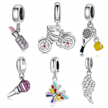 NEW 925 Sterling Silver Microphone Shape Flamingo Pink CZ Beads Fit Original Designer Charms Bracelet Bangles DIY Jewelry Making