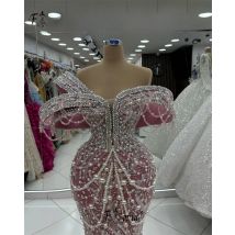 Luxury Dubai Arabic Pink Evening Dress Mermaid Pearls Crystal Beaded 3D Lace Wedding Party Dresses robe de soiree Customized