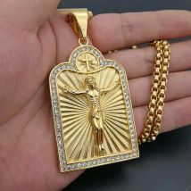316L Stainless Steel gold color Link Chain INRI Jesus Cross Crucifix Pendant&Necklaces Men Fashion Jewelry Father Gift