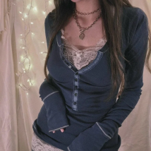 Korean Retro Rib Knitted T-shirt Chic Button Up Long Sleeve Sweats Tees Fairycore Vintage Y2K Grunge Crop Tops Women Clothes