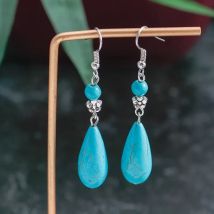 Aihua Tibet Silver Color Vintage Bohemian Long Flowers Drop Earrings Natural Stone Water Droplets Dangle Earrings for Women