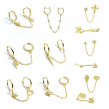 Multiple Hangs Double Hole Link Chain Circle Hoop Earrings Zircon Moon Star Lightning Pendant Huggie Piercing Ear Ring Jewelry