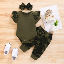 Infant Baby Girl Clothes Set Cotton Solid Letters Short Sleeve Romper Camouflage Pants and Bowknot Headband 3pcs Outfit