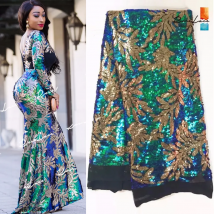 Green And Gold Sequined African French Mesh Net Lace Fabric For India Evening Party Dress Fabrics 2019 New Nigeria Sequins Voile