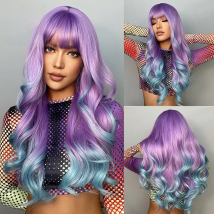 Blonde Unicorn Synthetic Long Wavy Wig Ombre Purple to Blue for Woman Cosplay Halloween Wigs Heat Resistant Fiber Bangs Hair