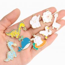 10Pcs Gold Color Alloy Animal Charms Elephant Dinosaur Rabbit Enamel Pendant Jewelry Making Supplies DIY Keychain Decoration