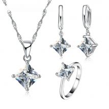 925 Sterling Silver Fashion Jewelry Set Classic 4 Claws Square Crystal Necklaces Earrings Women Girls Engagement Anniversary