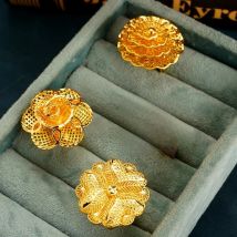 Gold Plated Big Flower Ring Adjustable Size Ethnic Arabic Wedding Band for Women plus Size Dubai Style Jewelry Accessory