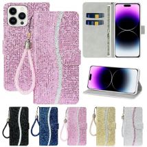 Glitter Anti-fall Wallet Flip Leather Case For iPhone 16 Pro Max 15 Plus 14 13 Mini 12 11 SE 2 X XR XS 8 7 With Hand Strap Cover