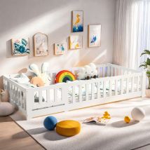Rosahqnda Letto per bambini 90*200 cm,Lettino da pavimento per ragazzi e ragazze,Lettino con protezione anticaduta,Lettino singolo a doghe,Legno,Bianco