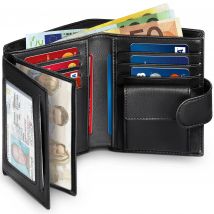 Men Genuine Leather Wallet Business Purse RFID Card Holder Transparent Windows Bank Note Coin Compartment Black