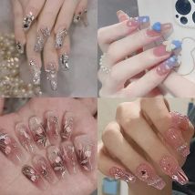 24pcs Wearable Pink Press on Fake Nails Tips with Glue False Nails Design Butterfly Lovely Girl False Nails with Wearing Tools