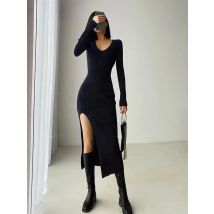 spring and winter sexy French slit sweater dress female slim tight-fitting hip-knit over-the-knee dresses