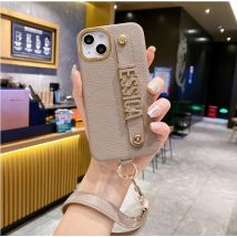 Personalized Leather Phone Case Name Letter Diamond Metal Letter Cover with Lanyard iPhone17 16 12 13 14 15ProMax 16 15 14Plus