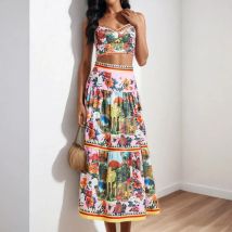 Summer Holiday Dress Set Crop Tops and Long Skirts Sutis Women Flower Print Bustier Corset Tops A Line Midi Skirts 2PCS Outfits