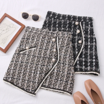 Tweed Skirts for Women Solid High Waist Slimming Skirts Autumn Spring 2021 Buttons Double Breasted Tweed Wool Mini Skirt
