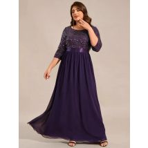 Plus size Evening Dresses Long sleeve O-Neck 2025 Ever pretty of A-LINE Sequin Dark Purple Bridesmaid dress