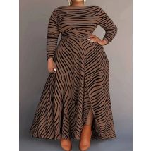 Women Plus Size Dress Vintage Pleated A-Line Business Casual Water Ripples Round Neck Long Sleeve Split Knitted Maxi Dress 2025