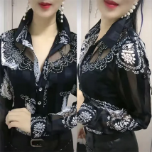 Women'S Blouse Tops Summer Lace Chiffon Shirts lapel Stitching Printing Buttons Female Blusas Offce Lady Shirts chemises fleurs