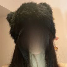Black Bear Ears Rabbit Hair Beanies Cap Y2K Autumn and Winter Fashion Versatile Cute Plush Pullover Hats for Women and Men