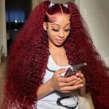 30 40 Inch 99J Burgundy 13x6 Hd Lace Frontal Human Hair Wig Red Colored 13x4 Transparent Lace Curly Deep Wave Frontal Wig