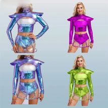 Women Role Play Alien Costume Astronaut Long Sleeve Outerspace Costume Outfits Top with Transparent Skirt Halloween Dress Up