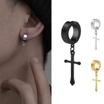 Fashion Titanium Steel Cross Ear Clip Earrings For Men Women Stainless Steel Punk Black Single Earring Fake Earrings Jewelry