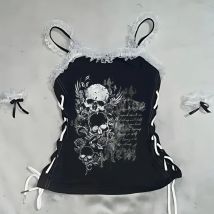 New Y2K skull wing crop top with aesthetic pattern printed short sleeved vest for women 2000s aesthetic Harajuku Gothic E-girl