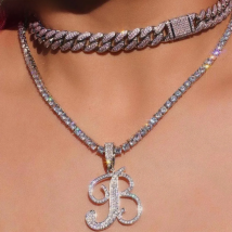 Hip Hop Women Purple Cuban Link Chain Necklace With Iced Out Silver Color Crystal Letter Tennis Chain Necklaces Birthday Jewelry