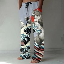Roaring Monster Cat Art Printed Loose Pants Japanese Linen Blended Pocket Casual Pants Men's Street Wear
