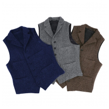 2024 Mens Vest Classic Brown Suit  Wool Tweed Notch Lapel Waistcoat Herringbone Groomsmen Winter Coat For Wedding