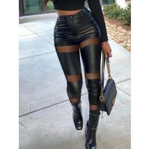 Fashion Spring Women Contrast Mesh PU Leather Skinny Pants 2025 Sexy Femme High Waist Buttoned Trousers Lady Club Clothing y2k