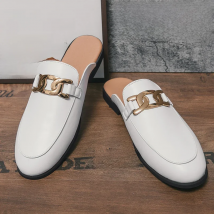 Brand Designer Mens Casual Diamond Leather Luxury Business Italian 38~47 Men Half Shoes Drop Ship Mules Man Black Slides Slipper