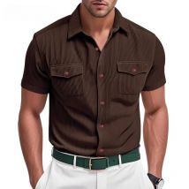 Fashion Ribbed Textured Corduroy Cargo Shirt Men Summer New Casual Solid Color Buttoned Shirts Mens Leisure Short Sleeve Shirts