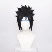 ccutoo Synthetic Black Short Wigs Uchiha Sasuke Cosplay Wigs for Men Heat Resistance with Blue headwear + wig cap