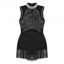 Girls Shiny Rhinestone Sequin Latin Jazz Dance Dress Sheer Mesh Tassel Hem Skating Ballet Leotards Stage Performance Dancewear