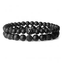 Punk High Quality Men Bracelets Set Skull Micro-inlaid Zircon CZ Ball Beaded Bracelets Natural Matte Obsidian Fashion Jewelry