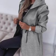 Women Hooded Zipper Coats Full Sleeved Thick Jackets Solid Tight Waist Spliced Midi Length Coat Pockets Casual Regular