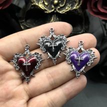 5pcs 34*30mm Thorn Rose Cross Heart Charms Enamel Halloween Pendant Designer Gun-black Fit Jewelry Making DIY Jewelry Findings