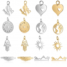5pcs/lot 12 Zodiac Horoscope DIY Charms Wholesale Stainless Steel World Map Leaf Pendant  Palm Sun Hamsa Hand Connectors Charm